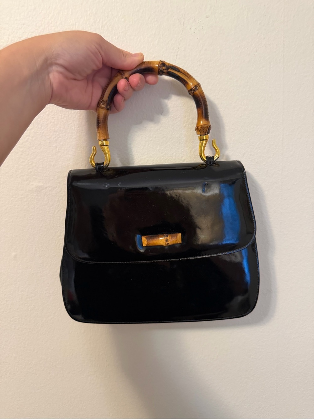 Vintage Black Patent Top-Handle Bag with Bamboo Accent